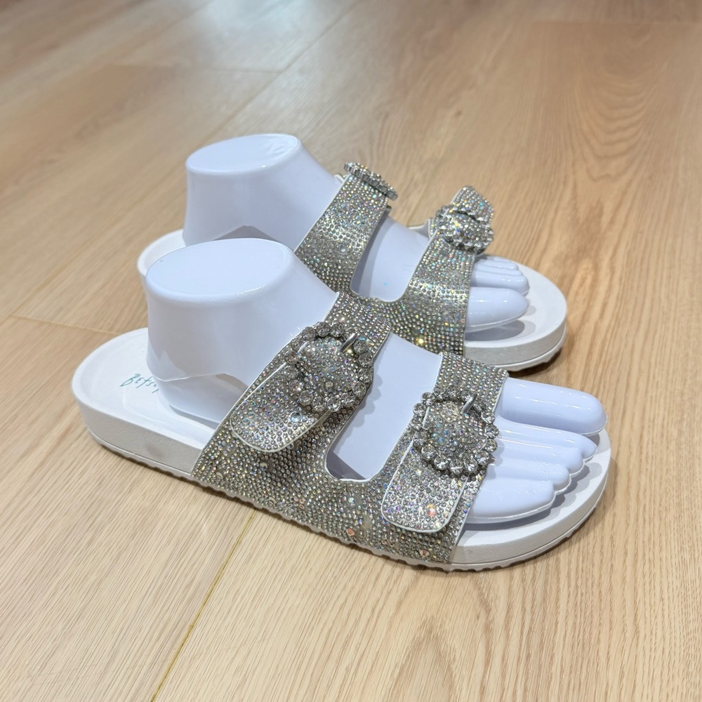 Betsey Johnson White Rhinestone Triple Buckle Slide Sandals